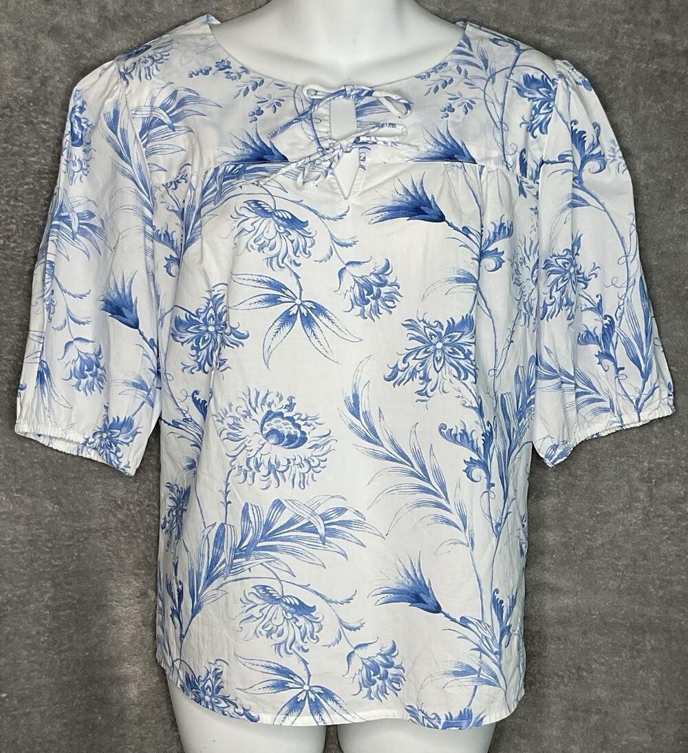 Talbots Womens Petite XL Blue White Floral Blouse Garden Cottage Beach Top